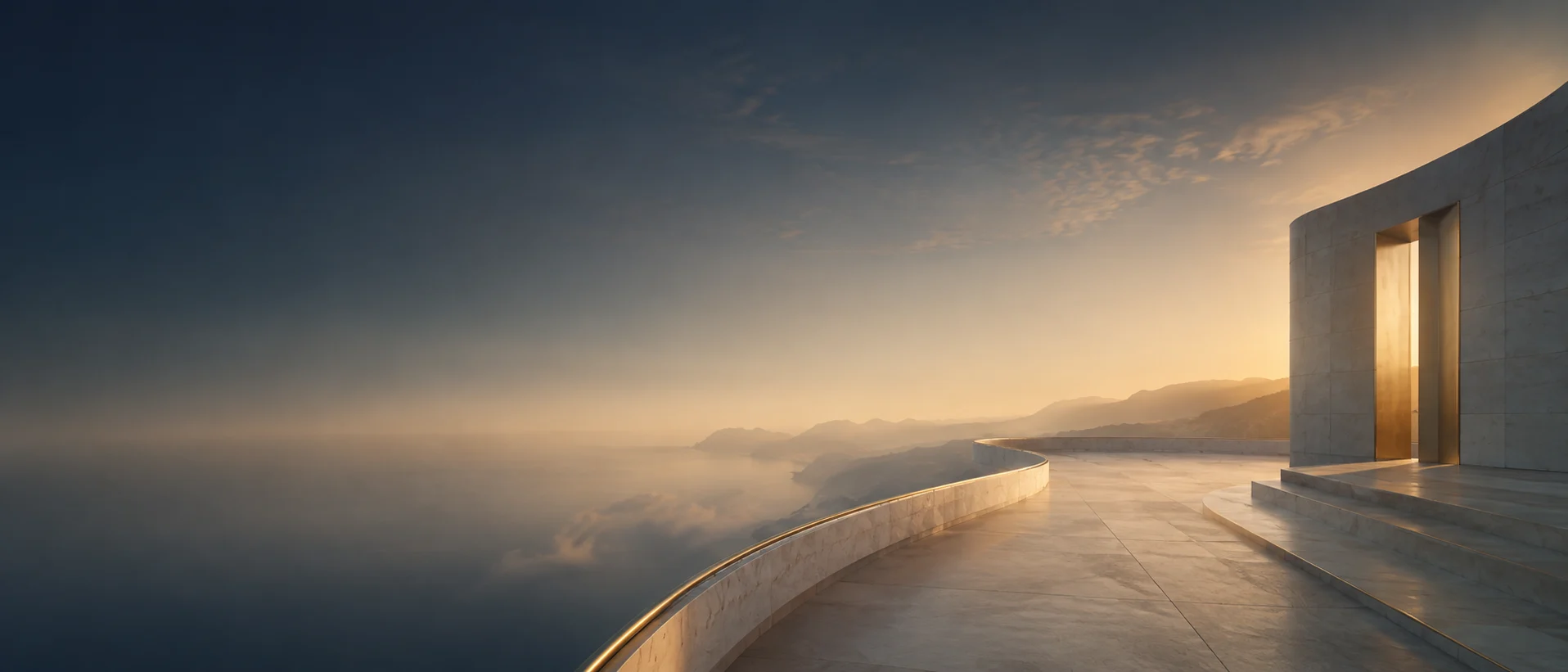 Mirador de piedra abierto a un horizonte brumoso al amanecer.